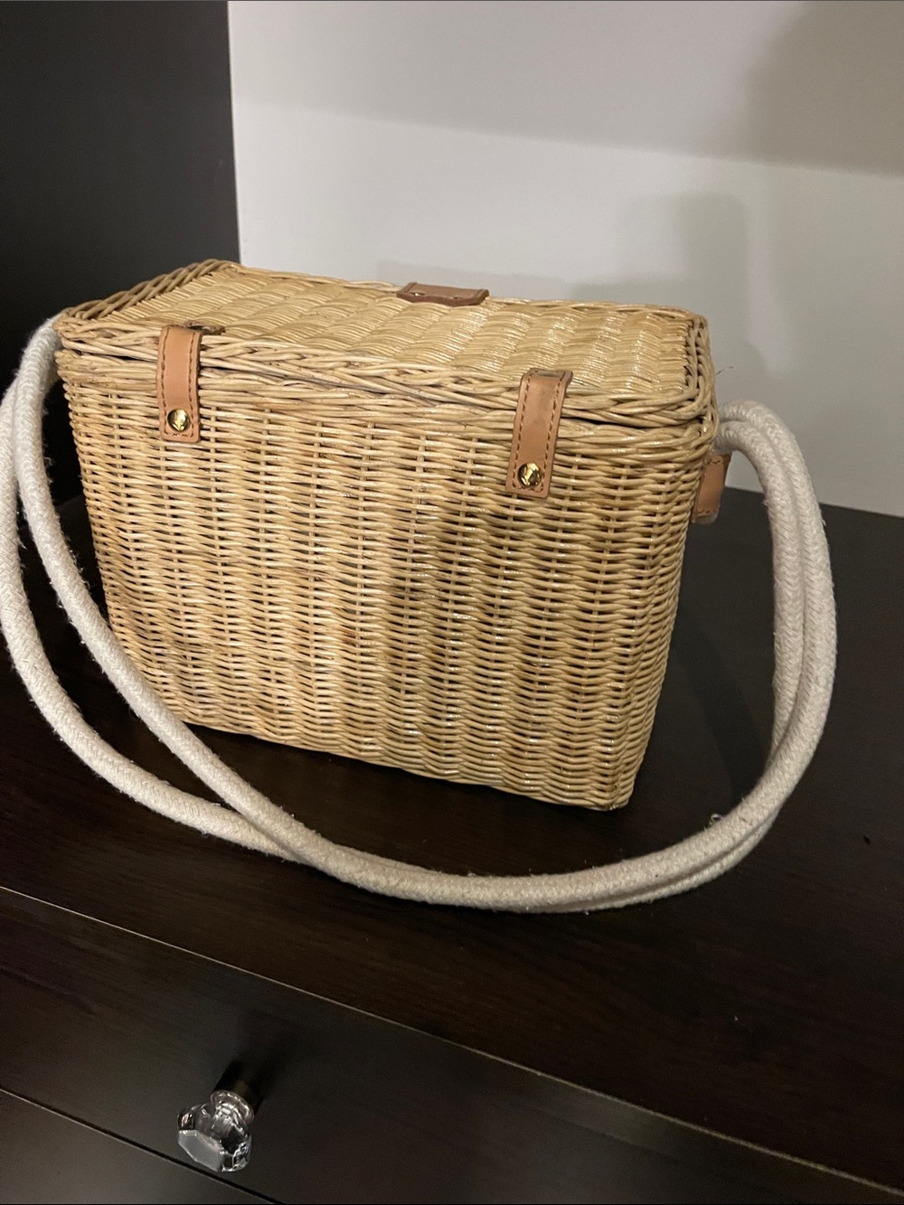 Woven Straw Tote Box Bag with Tan Leather Accent - Picture 2 of 11